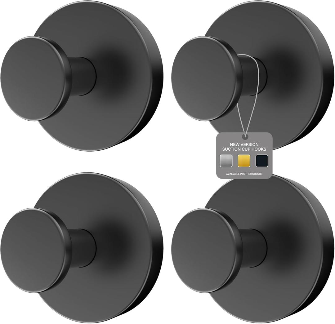 Ninth Five Shower Suction Cup Hooks, Heavy Duty Bathroom Wall Hooks for Towels, Robes, Loofahs, Removable Metal Hook for Tile Glass Mirror, No Drill(4 Pack, Black)