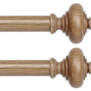 2 Pack Wood Curtain Rods for Windows 48 to 84 Inch, Boho Vintage Decorative 1 Inch Diameter Wooden Curtain Rod, Adjustable Heavy Duty Rustic Farmhouse Drapery Pole with Wood Grain Finials
