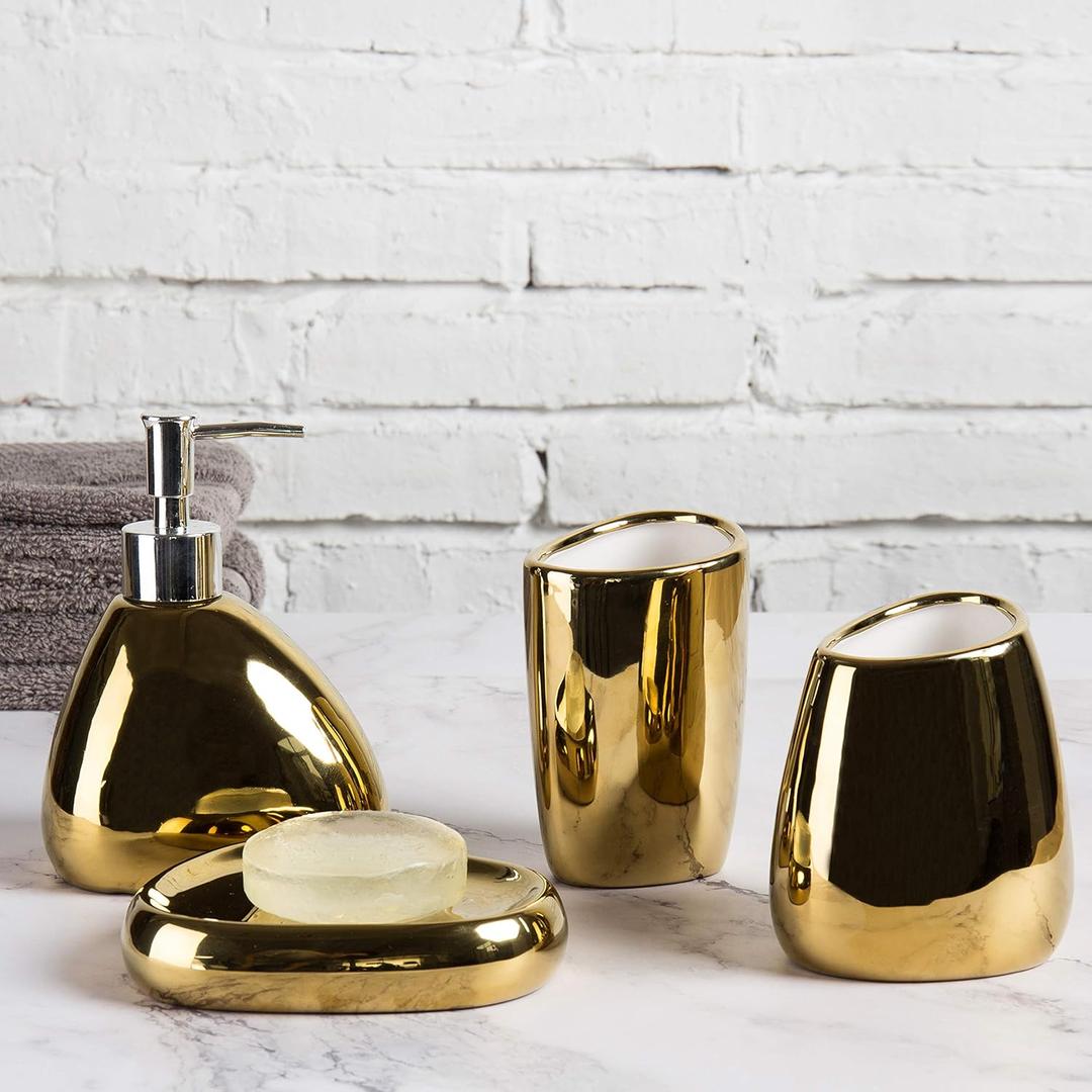 MyGift 4 Pc Complete Set Modern Ceramic Gold Bathroom Accessories Set with Soap Dispenser, Tumbler, Toothbrush Holder and Soap Dish, Bathroom Organizer Accessory for Modern Home Decor