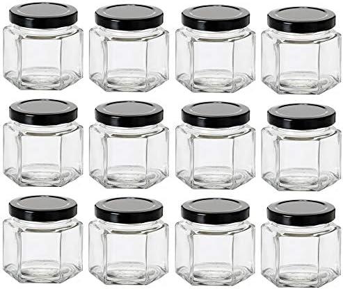 Nakpunar 12 pcs 4 oz Hexagon Glass Jars with Black Lids (4 oz, Black)