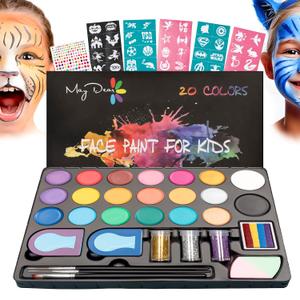 Maydear Face Painting Kit for Kids - 20 Colors Water Based Makeup Palette with Stencils, Glitters, Rainbow Split Cake, Hair Dye Clips, for Parties, Halloween, Safe Professional Body & Face Paint Kit Maydear Face Painting Kit for Kids - 20 Colors Water Based Makeup Palette with Stencils, Glitters, Rainbow Split Cake, Hair Dye Clips, for Parties, Halloween, Safe Professional Body & Face Paint Kit
