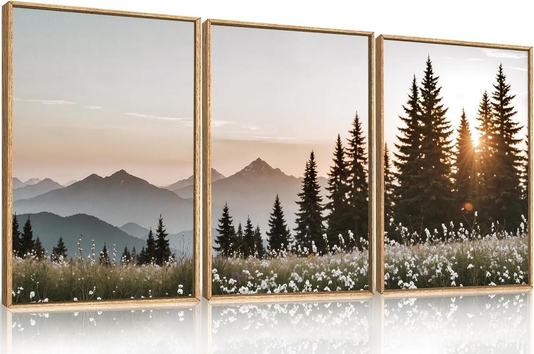 Large Mountain Sunlight Calming Framed Canvas Wall Art Set,Boho Nature Pine Tree Landscape Wall Decor,Modern Sunrise Forest Art Printing for Living Room,Bedroom-24 x36 x3