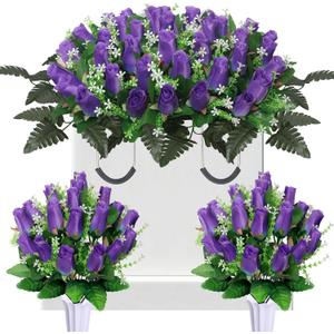 3 Set Artificial Cemetery Flowers for Grave,Headstone Flower Saddle with 2 Memorial Rose Bouquets with Vases for Grave Tombstone Decorations(Purple)