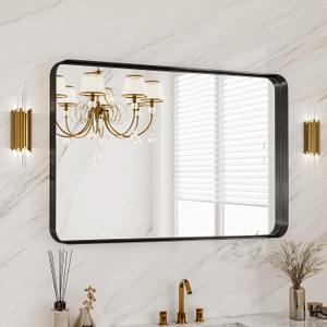 40X30 Inch Black Metal Framed Bathroom Mirror for Wall, Matte Large Rounded Rectangle Vanity Mirror Farmhouse,Anti-Rust, HD Tempered Glass, Horizontally or Vertically Hanging