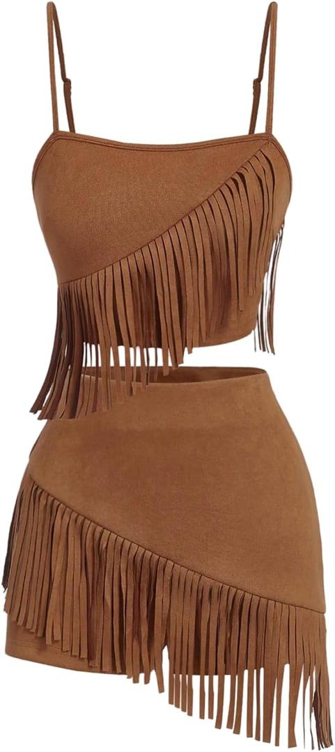 MakeMeChic Women's 2 Piece Summer Outfits Suede Fringe Sleeveless Cami Top and Shorts Cowgirl Sets (Brown, Medium)