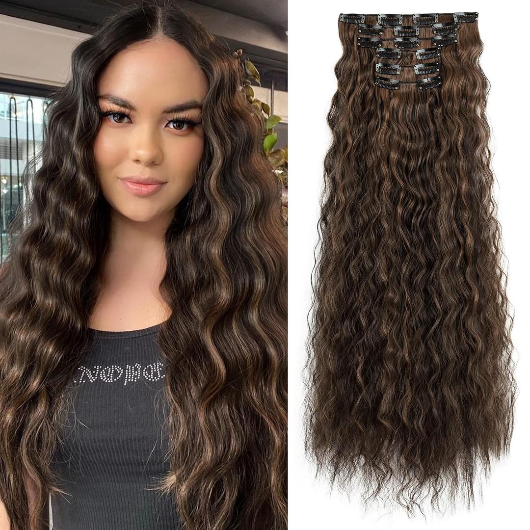 Flufymooz Clip In Hair Extensions,6PCS Hair Extensions Long Mermaid Waves Wavy Synthetic Clip On Hairpiece For Women 24 Inch (Dark Brown with Highlights)