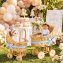 2PC Wicker Carriage Flower Basket, Willow Centerpiece Decor Wooden Wheels