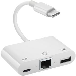 Type C to RJ45 Ethernet Adapter Network Adapter, with Charge Port and USB Port Support USB Flash Drive/Keyboard/Mouse/Came, Plug and Play,Supports 100Mbps Ethernet Network