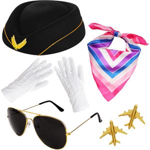 5 Pcs Flight Attendant Costume Accessories Women Airline Stewardess Outfits Flight Attendant Hat Pin Sunglasses Scarf Gloves (Black)