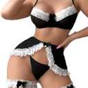 WDIRARA Women's 5 Piece Color Block Lace Trim High Cut Lingerie Set with Skirts and Leg Rings Black and White X-Large