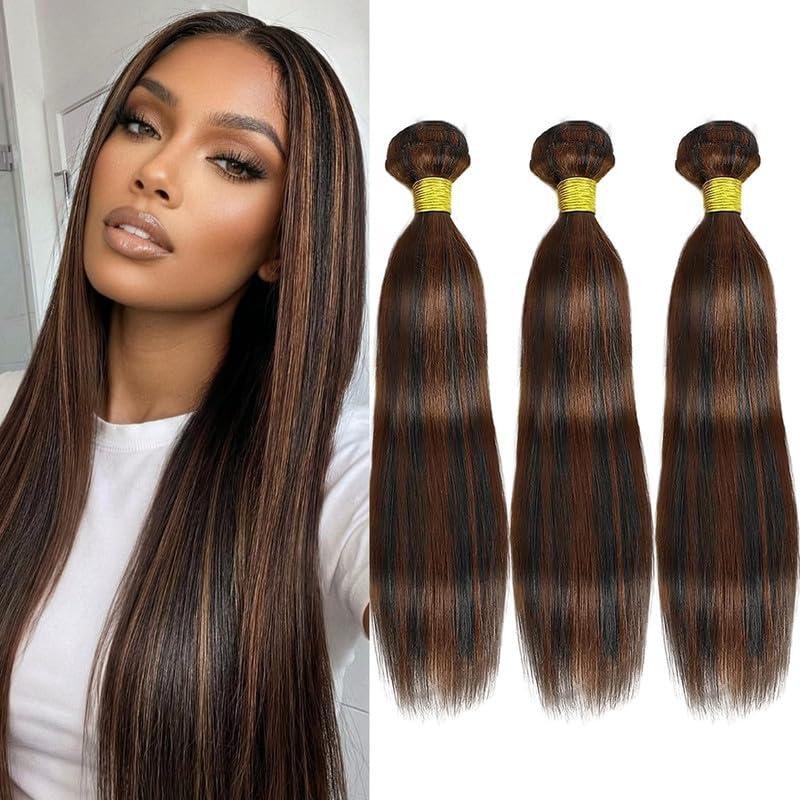 16 18 20 Inch Brown Highlight Human Hair Bundles Straight Light Brown Hair Bundle Brazilian Virgin Bundles Straight Hair Weave for Black Women (Black and Light Brown,#P1B/30)