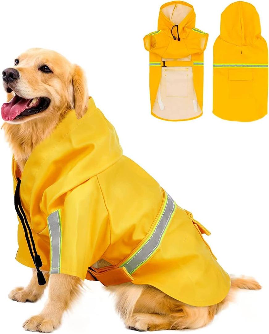 Reflective Strip Dog Raincoat, Ultra - Light Breathable Waterproof Rain Jacket with Hood, Adjustable Sizes for Small/Medium/Large Dogs, (XL)