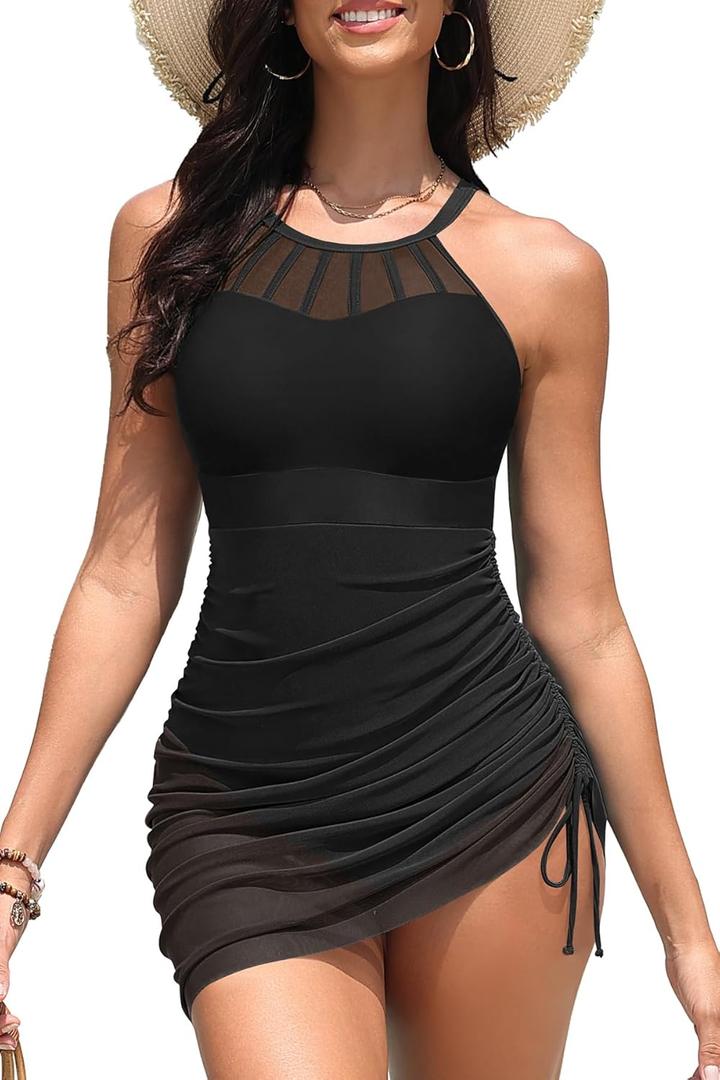 Womens Swim Dress One Piece - Swimsuit with Skirt Tummy Control Bathing Suit High Neck Mesh Swimwear 2025 (X-Large, Black)