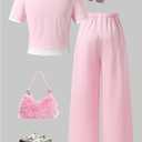 WDIRARA Girl's 2 Piece Cute Outfits Bow Print Short Sleeve T Shirt Crop Top and Baggy Pants Clothing Set Pink 14Y