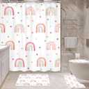 4 PCS Kids Girls Rainbow Shower Curtain Set 72Wx72H Inch, Bathroom Rug, Toilet Lid Cover, U Shape Mat, Boho Cute Pink Bathroom Set Nonslip Quick Dry Dirt Resistant Accessories Bathroom Decors