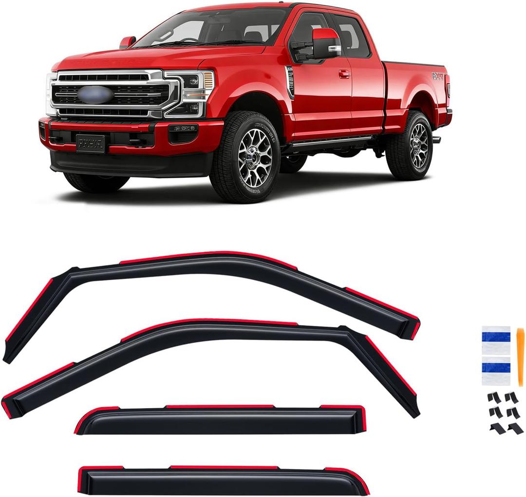 in-Channel Rain Guards for 2017-2022 F250 F350 F450 F550 Super Duty Crew Cab, Window Visor Shields Vent Deflector Shade Wind Dark Smoke 2018 2019 2020 2021, Tape-On Inside-Mount, 4PCS