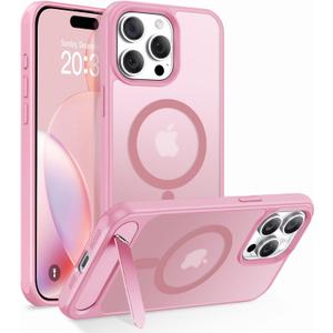 Magnetic Case for iPhone 15 Pro Max 6.7" [Built-in Invisible Kickstand] Compatible with MagSafe, Slim Translucent Matte Shockproof Protective Bumper Women Girls Cover for iPhone 15 Pro Max - Pink