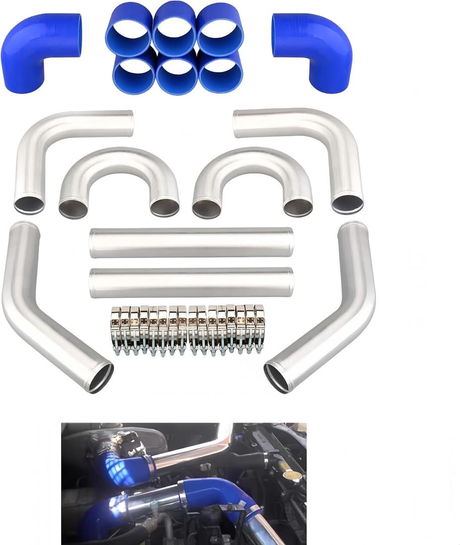 2.5 Inch Universal Turbo Intercooler Pipe Chrome Aluminum T - Clamps + Silicone Hoses Compatible with Most Cars/SUVs/Trucks