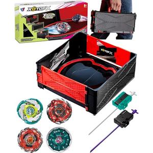 Desamvap ﻿Foldable Portable X Stadium Battle Arena Set, 4 Metal Fusion Attack Spinning-Top Toys with 2 Two-Way Launchers Combat Battling Game Toys Birthday Travel Gifts for Kids Ages 6+
