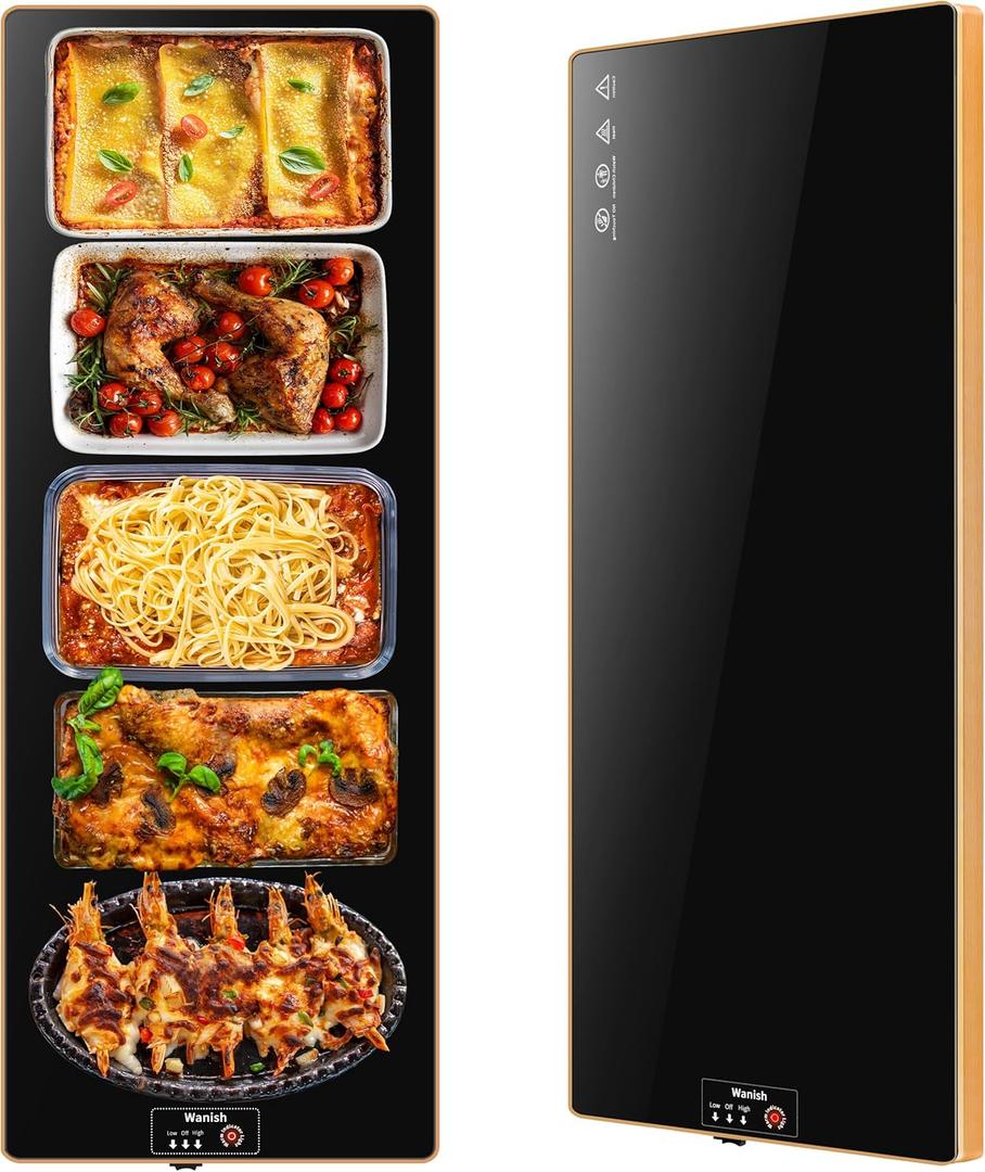 Electric Warming Tray (Extra Long 40x12), Warming Mat For Food with Thermostat & Full Surface Heating, Food Warmers For Parties Buffet & Gatherings, Temperature Adjustable Tempered Glass Warming Mat (Black)