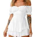 AOHITE Womens Boho Off-Shoulder Dress Ruffle Chiffon Summer Mini Short Dresses White Large
