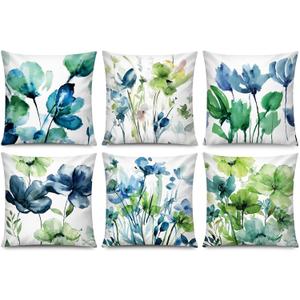 COMMINY Blue Green Flower Pillow Covers 18x18 Inch Set of 6, Spring Summer Pillow Covers, Hydrangea Floral Throw Pillow Case for Couch Sofa Bed Decor, Indoor Decorative Cushion Cover
