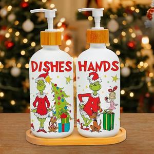 Christmas Soap Dispenser Set, 100% Glass Holiday Hand Soap Dispenser with Pump and Wood Tray, Refillable White Bottles for Kitchen Sink or Bathroom Counter, Festive Christmas Kitchen Decor Gift (2PC)
