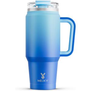 Meoky 32 oz Tumbler with Handle, Insulated Tumbler with Lid and Straw, Stainless Steel Travel Mug, Keeps Cold for 24 Hours, 100% Leak Proof, Fits in Car Cup Holder (Sky Blue)