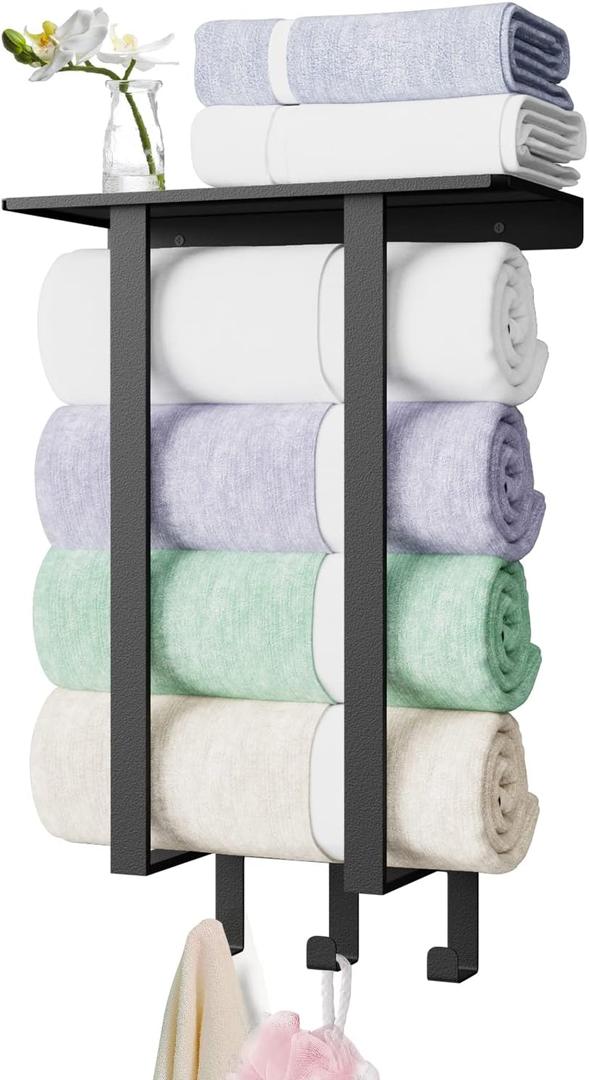 Towel Racks for Bathroom, Towel Rack with Shelf and 3 Hooks, Towel Storage Holders Wall for Rolled Bath Towels, Black (Square Tube)
