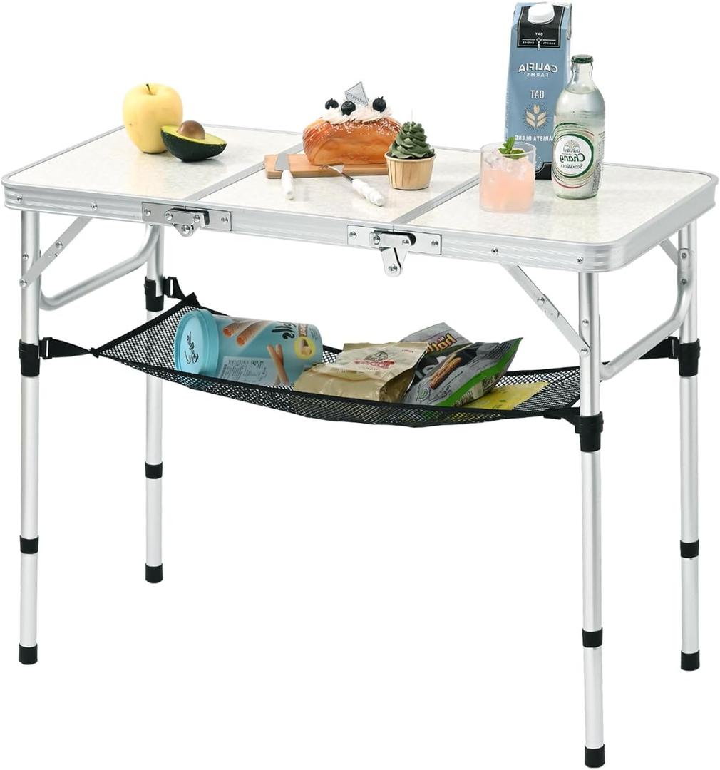 YihuiKo 3ft Aluminum Folding Picnic Table - Lightweight & Portable Outdoor Table with Adjustable Height, Storage Net for Camping, Backyard, RV Trips (35" x 16" x 27.5")