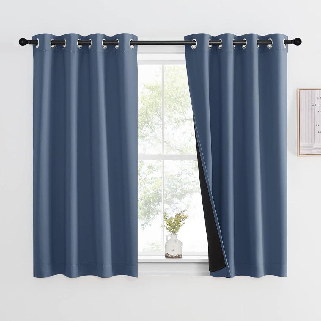 NICETOWN 100% Blackout Curtain with Black Liner, Thermal Insulated 2-Layer Lined Drape, Room Warming Small Window Drapery for Dining Room (Stone Blue, 1 Panel, 46 inches W by 54 inches L)