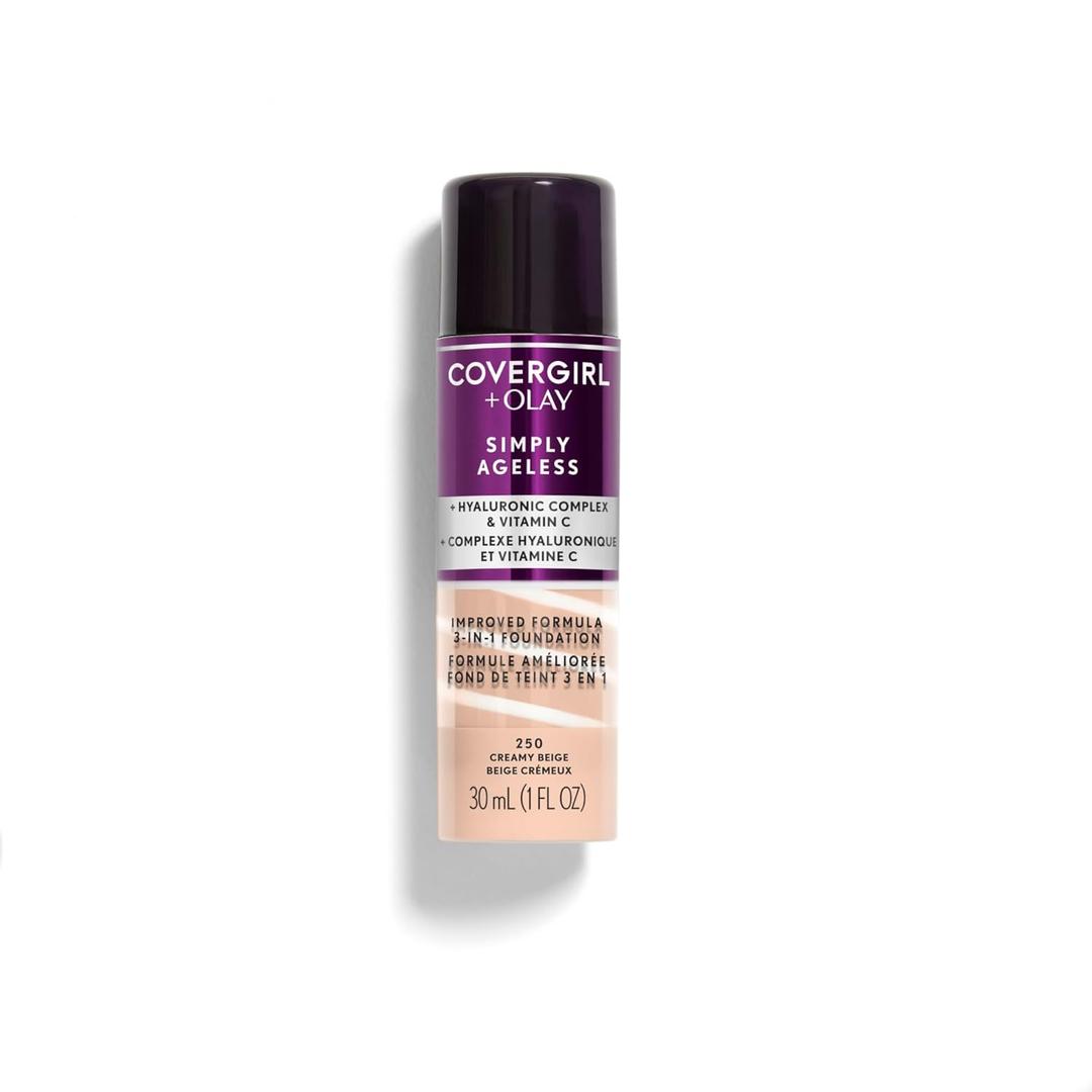 COVERGIRL & Olay Simply Ageless 3-in-1 Liquid Foundation, Matte Finish, Hyaluronic & Vitamin C Formula, 250 Creamy Beige, 1 Count