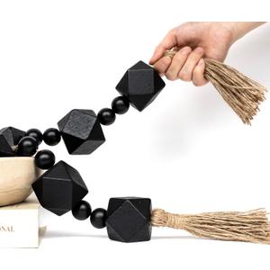 Extra Large Wood Bead Garland With 2" Diameter Geometric Wooden Beads, Tassels for Farmhouse Decor (Black, 56 Inches)