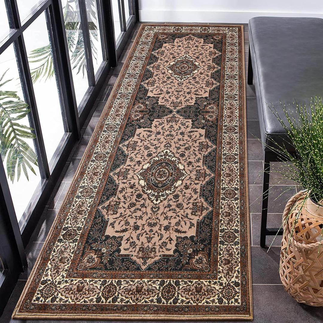 Runner Rug for Bedroom, 2x6Ft Machine Washable Area Rugs, Vintage Non-Slip Low Pile Carpet for Entryway Hallway Office Living Room,Brown