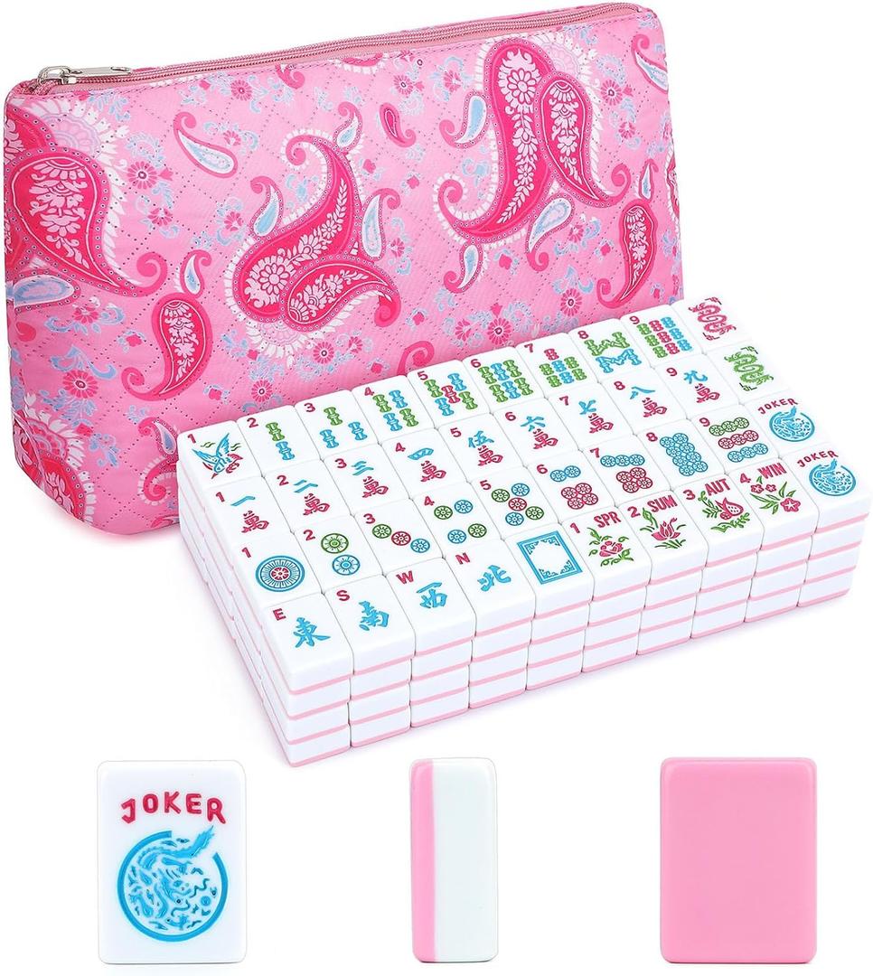 Mahjong Tiles, 166 Pieces 1.2 Inch Pink American Mahjong Tiles Only, Portable Mahjong Game with Pink Storage Bag, No Pusher & Extra Accessories