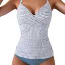 B2prity Women's Ruched Tankini Swimsuits V Neck Wrap Tie Back Two Pieces Bathing Suit Tummy Control Swimwear(Blue Striped), XL