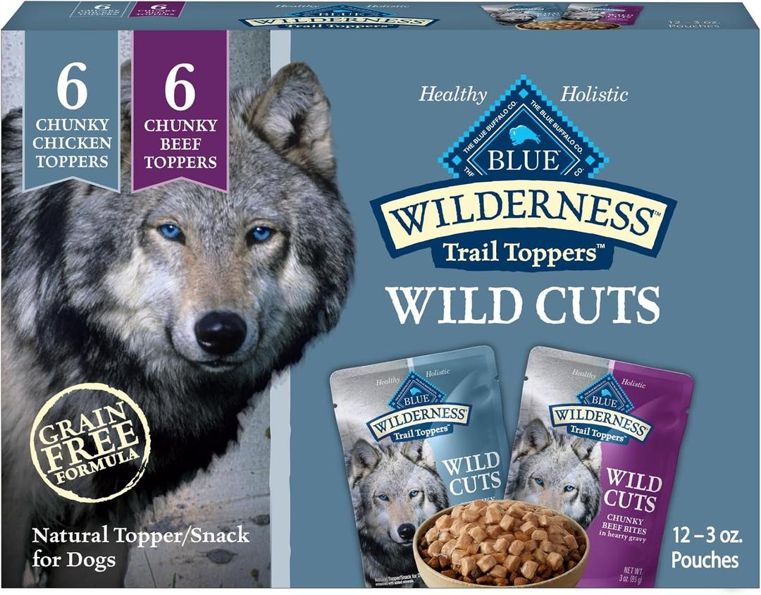 Blue Buffalo Wilderness Trail Toppers Wild Cuts Wet Dog Food Variety Pack, High-Protein & Grain-Free, Made with Natural Ingredients, Chicken and Beef Flavors, 3-oz Pouches, (12 Count, 6 of Each) (EXP 11/11/27)