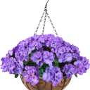Artificial Flowers Hanging Basket with Begonia Silk Flowers for Outdoor/Indoor, Artificial Geranium Flowers in 12'' Basket for Patio Lawn Garden Summer Decoration(Blue)