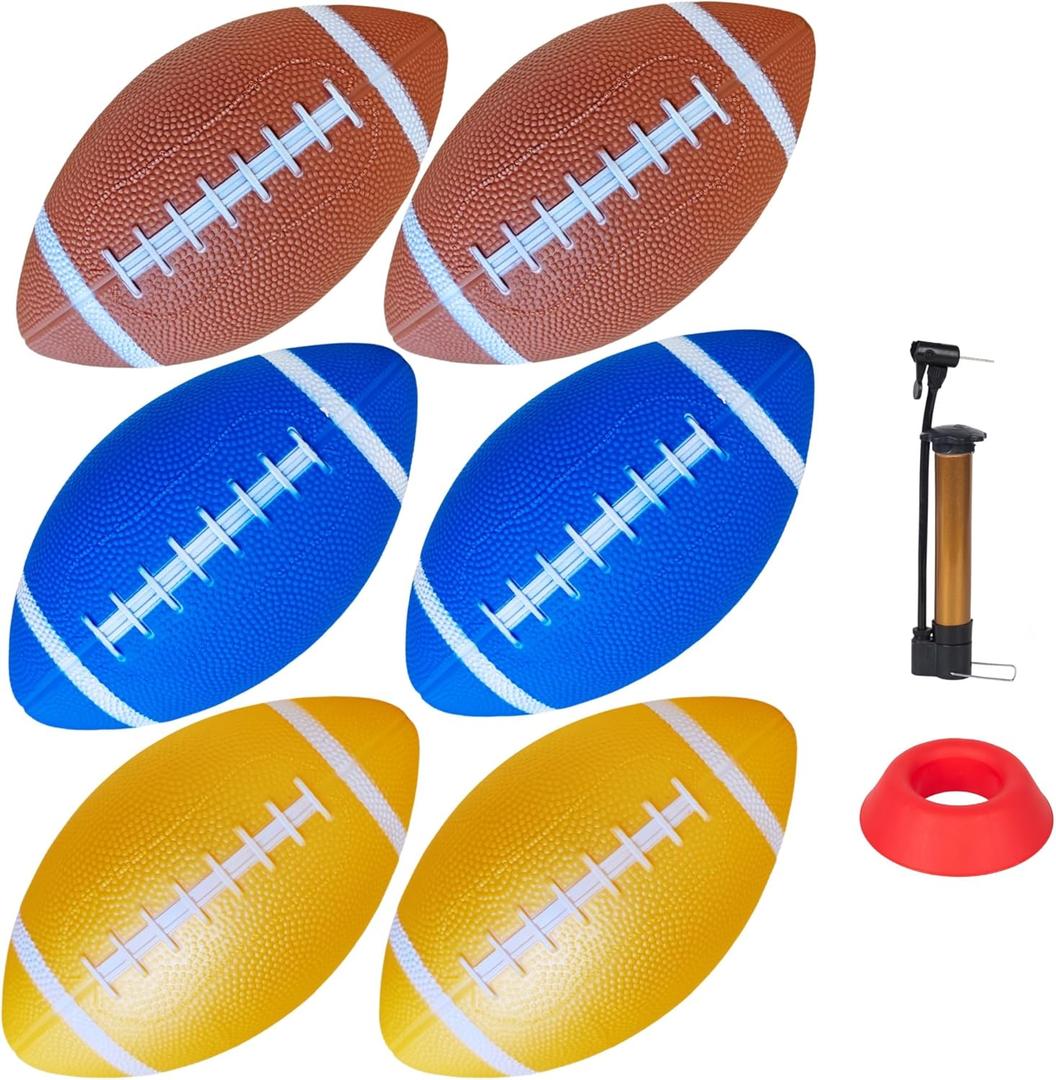 6 Pack 8.3" Inflatable Footballs with Pump and Kicking Tee,Rubber Junior Soft Small Toddler and Mini Footballs, Playground Balls for Kids