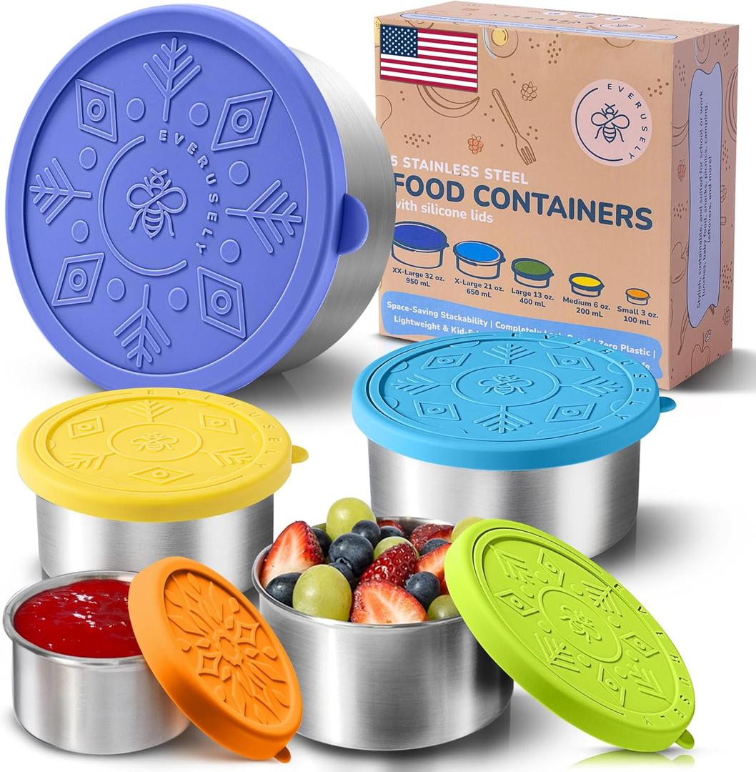 Everusely - Stainless Steel Containers with Lids - Set of 5, Summer Collection - Leakproof Stainless Steel Food Containers - Nesting Snack Holders - Metal Lunch Box - Portable & Reusable Meal Kit