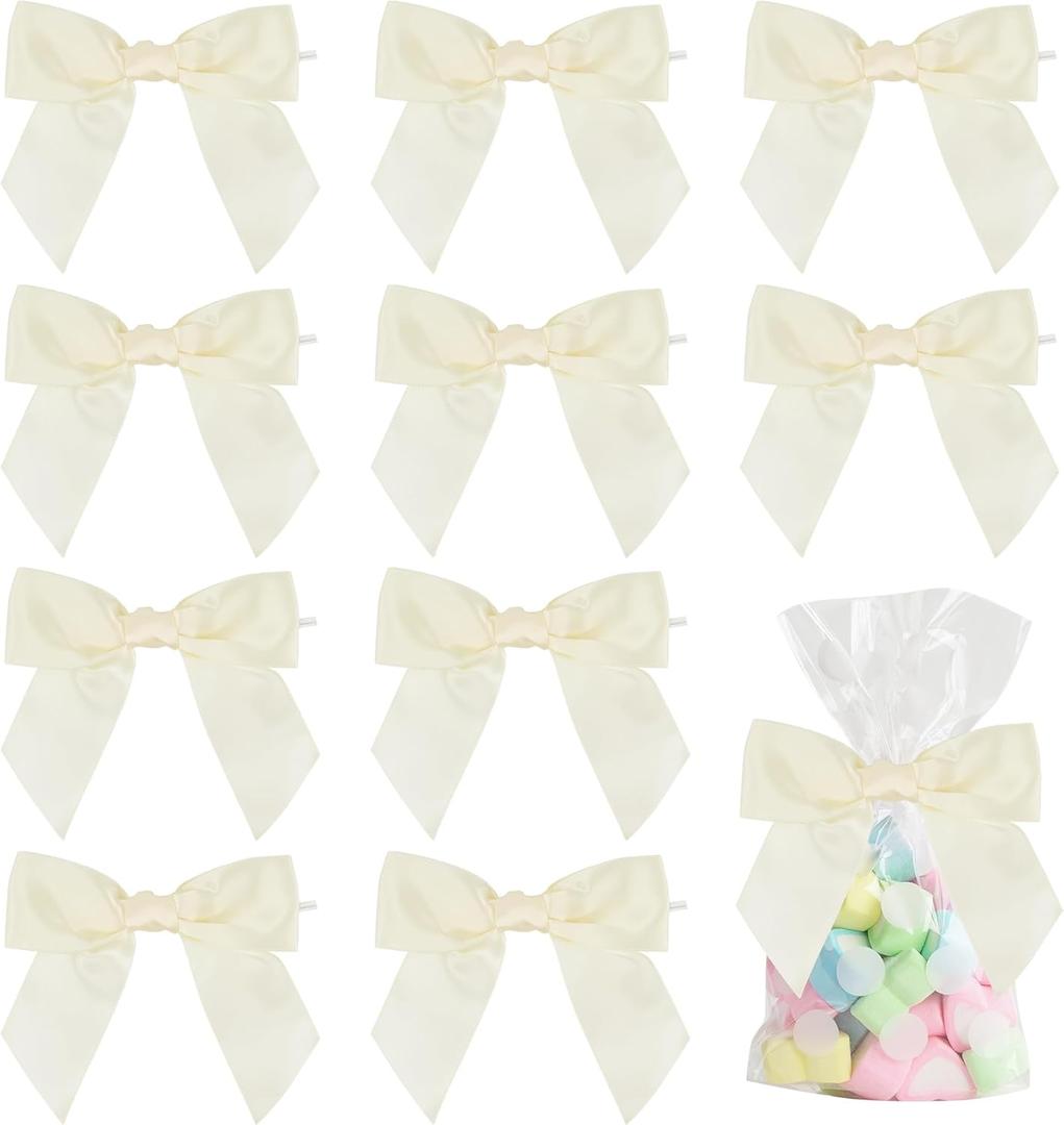 AIMUDI Ivory Bows for Wedding Decor 4.5" Pre-Tied Cream Satin Ribbon Twist Tie Bows for Treat Bags Ivory Ribbon Bows for Crafts Premade Bows for Gift Wrapping Baby Shower Party Favors - 36 PCs
