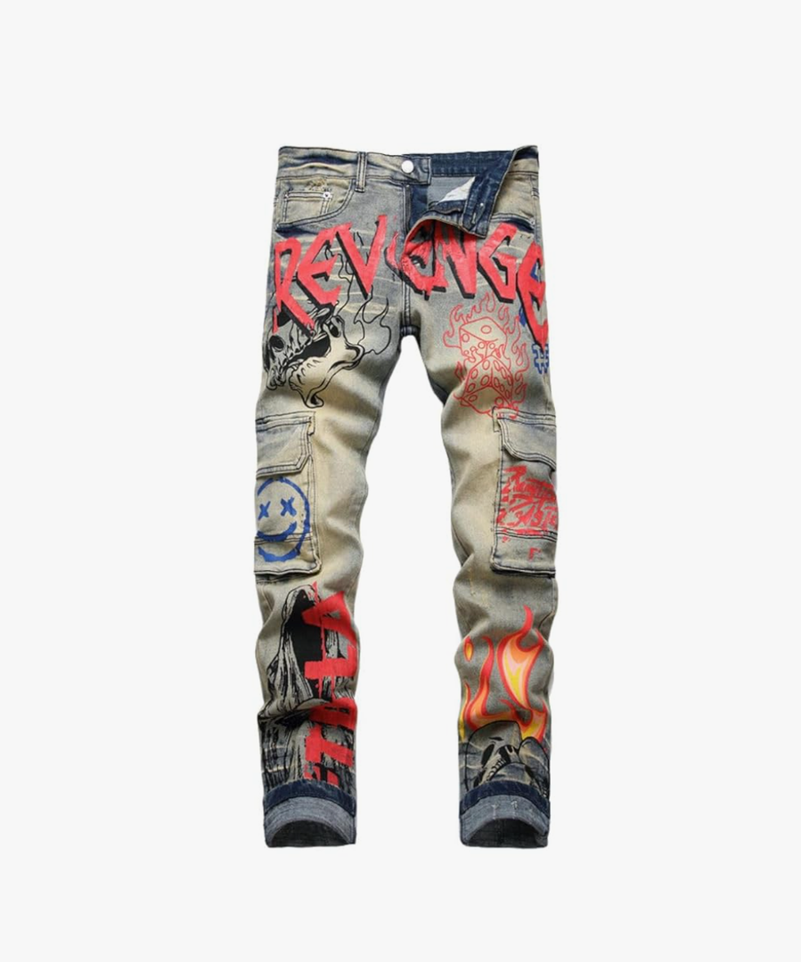 jupkem Punk Stacked Jeans Men Distressed Skinny Pants Y2k Goth Graphic Hop Hip Jeans Ripped Slim Fit Vintage Denim Streetwear(blue3-32) Size 32