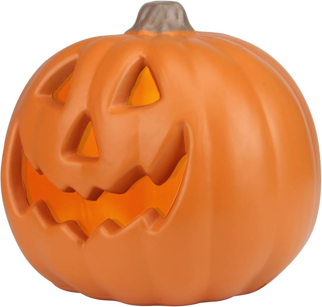 Holiday Pre-lit Jack O' Lantern - Large 9IN Halloween Pumpkin Decoration for Indoor Outdoor Festival Celebration, Garden, Patio, Front Door Decor With Smile Face