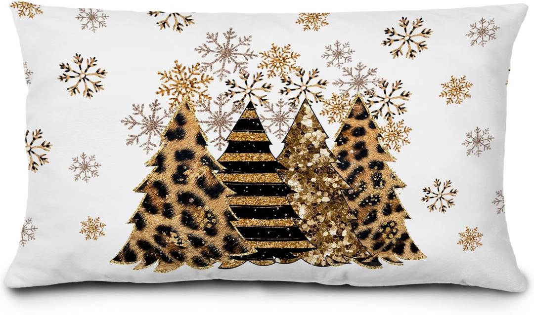 Golden Leopard Christmas Tree Santa Pillow Covers 12x20, Coquette Christmas Room Decor, Preppy Cheetah Print Bow Xmas Lumbar Throw Pillow Covers for Girls Room Dorm Apartment