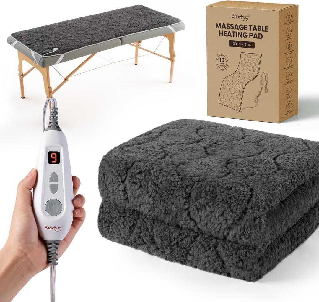 Bearhug Massage Table Warmer Heating Pad 30” x 71”, Dark Grey Sherpa Wool Electric Heating Pad with 1-9 Hours & 10 Heating Levels, LED Controller, Machine Washable