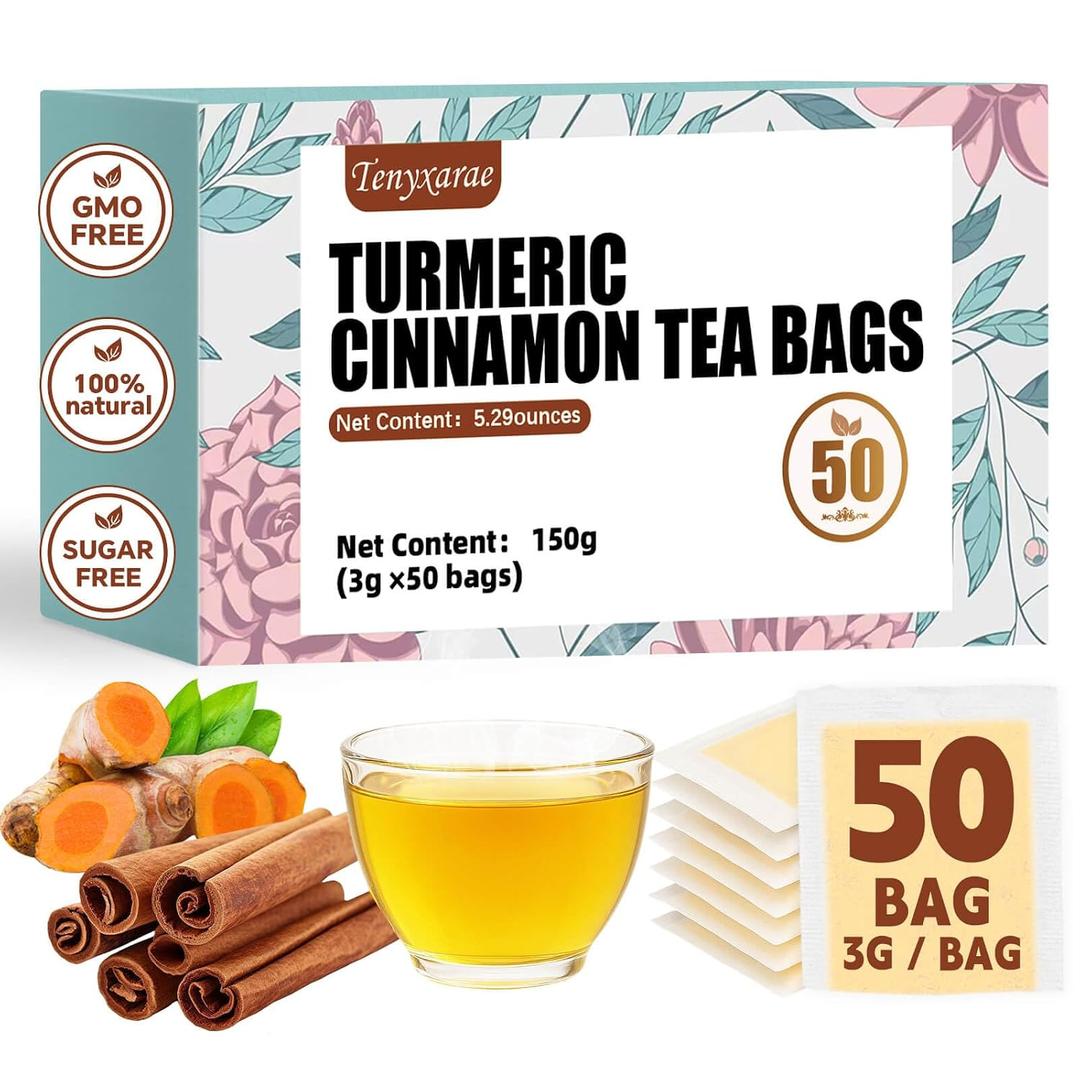 Turmeric Cinnamon Tea Bags, 50 Teabags, 3g/Bag, Made with 100% Natural Turmeric and Cinnamon. Caffeine-Free | Sugar-Free | Gluten-Free | Vegan. Eco-Friendly Tea Bags (EXP 06/30/27)