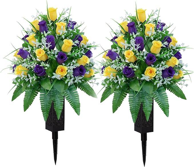 Artificial Cemetery Flowers, Gravesite Decoration Roses, Memorial Bouquets with Cemetery Vase, Vibrant and Long-Lasting Colors （ Yellow+Purple, 2 Bundles)