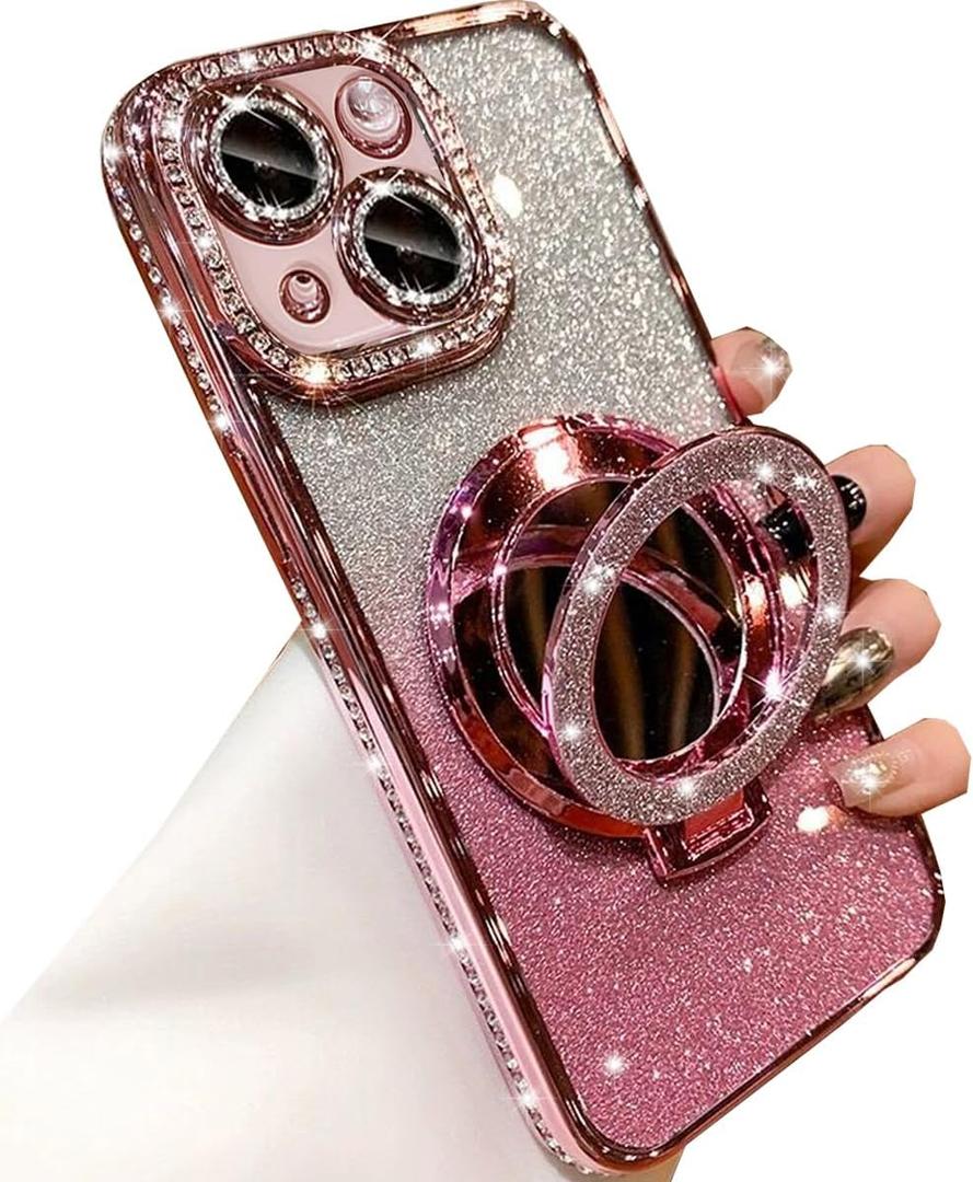 Magnetic Kickstand Glitter Case for iPhone 15, [Compatible with Magsafe] Luxury Bling Sparkly Rhinestones Diamond with Camera Protector & Makeup Mirror Women Girls Case for iPhone 15 6.1", Pink