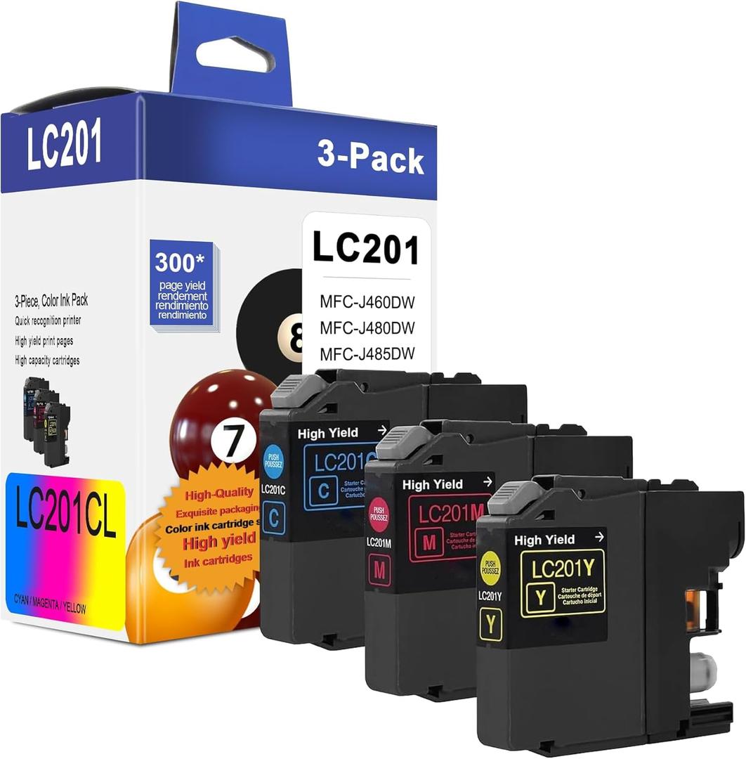 LC201CL LC201 XL Ink Cartridges(Cyan/Magenta/Yellow, 3-Pack) - LC201C LC201M LC201Y Ink Cartridge Replacement for Brother Ink Cartridge LC203 for MFC-J460DW MFC-J480DW MFC-J485DW MFC-J880DW Printer