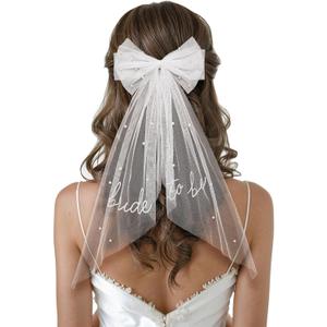 SWEETV Bridal Hair Bow Veil White Bow Clip Bachelorette Party Decorations Pearl Accessories Bride to Be Bridal Shower Gift